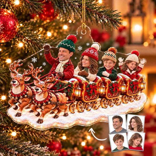 Custom Photo Sleigh Reindeer Christmas Gifts For Family - Personalized Acrylic Ornament