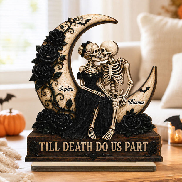 Till Death Do Us Part Skeleton Couple On Moon - Personalized 2-Layered Wooden Plaque - Gift For Halloween
