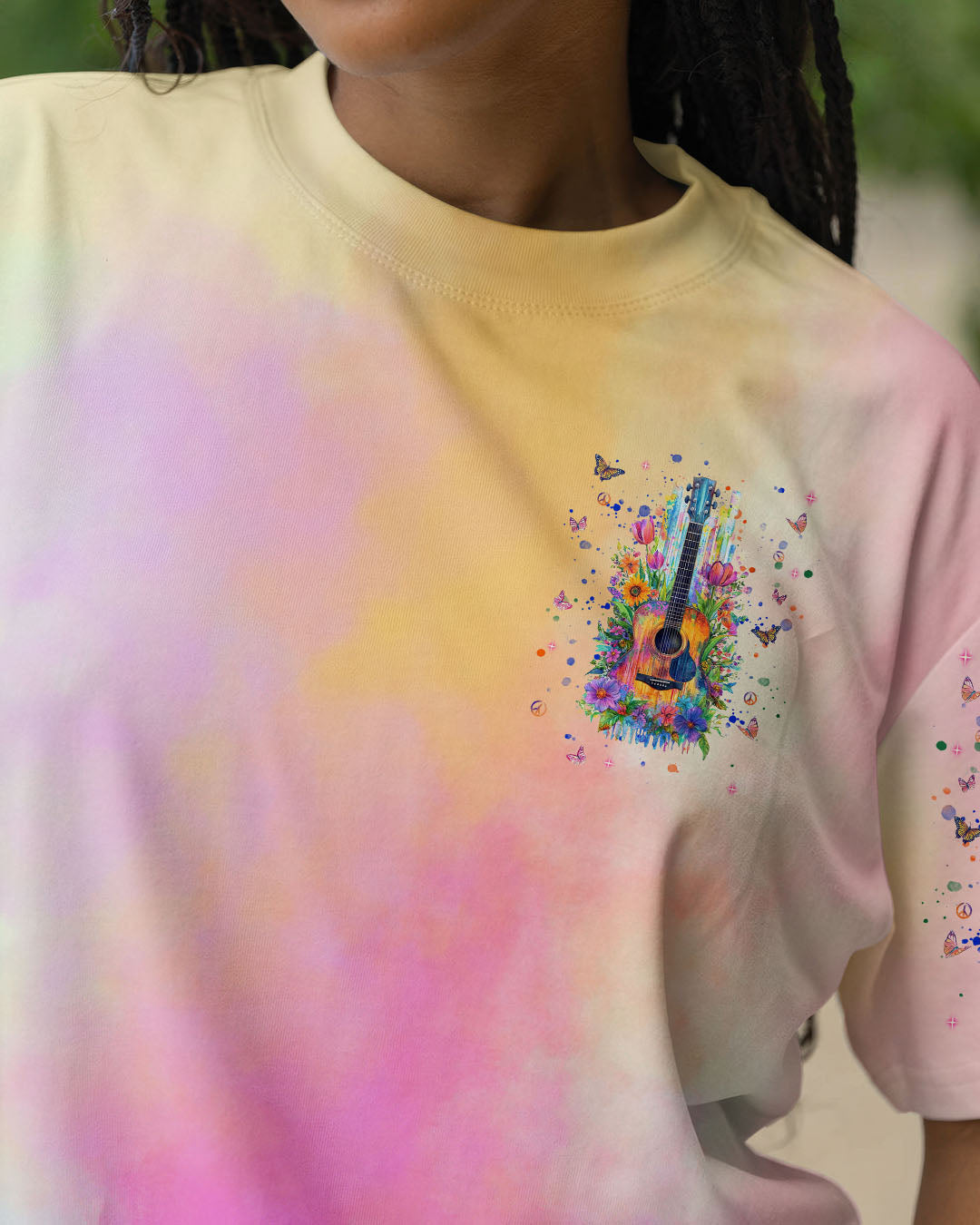 Ageless Hippie Rock _26 Roll Heart Guitar Tie Dye Hippie Soul Floral _26 Peace Quote AOP Shirt _3_ rB0BH