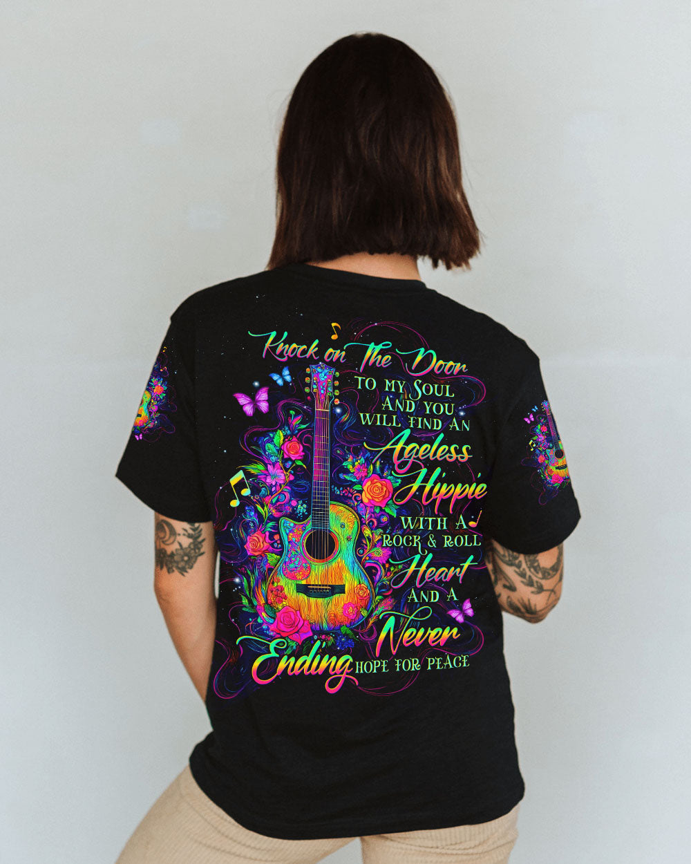 Ageless Hippie Rock and Roll Knock on the Door to My Soul Quote with Guitar AOP Shirts _1_ wKuFx