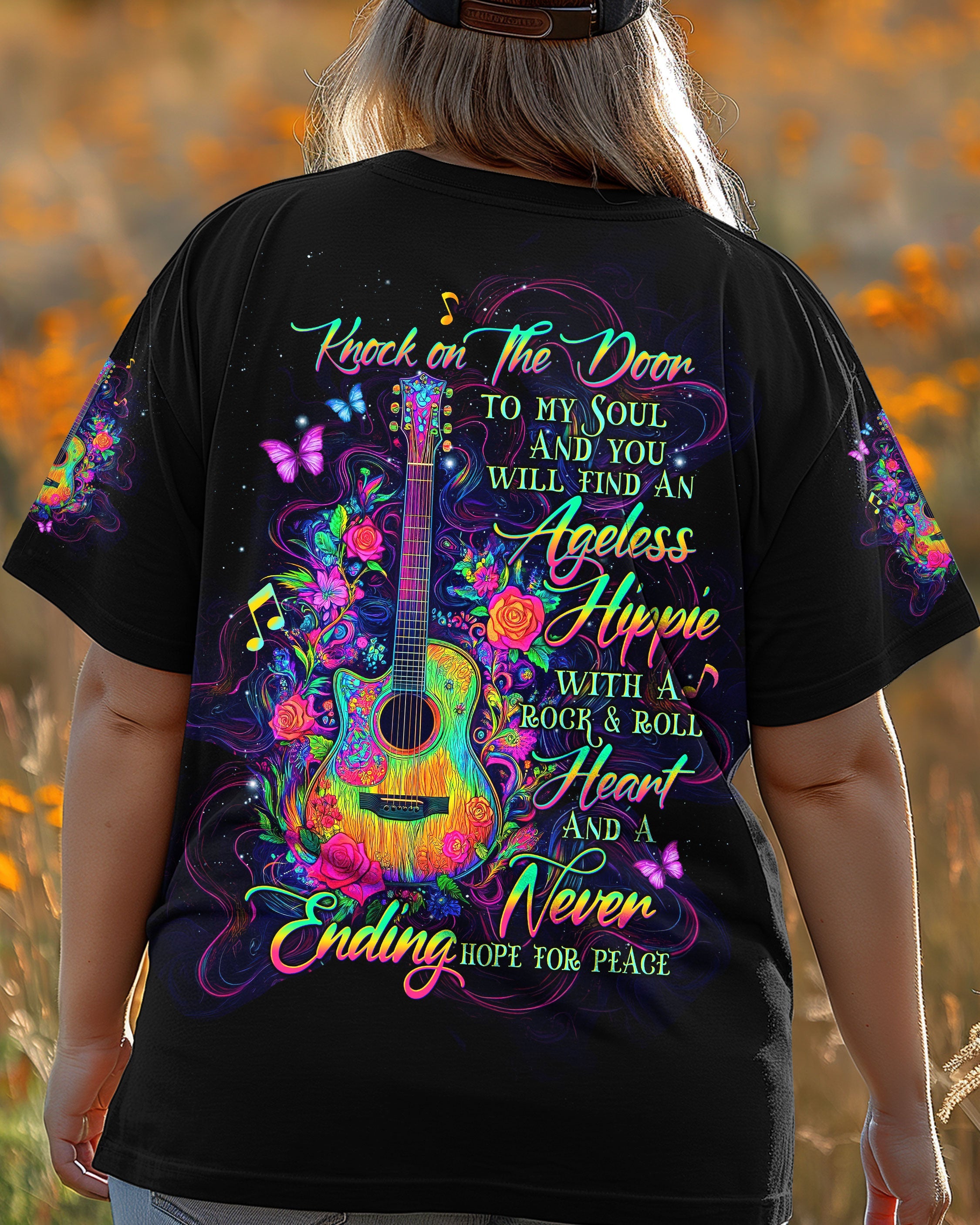 Ageless Hippie Rock and Roll Knock on the Door to My Soul Quote with Guitar AOP Shirts _3_ TPURE