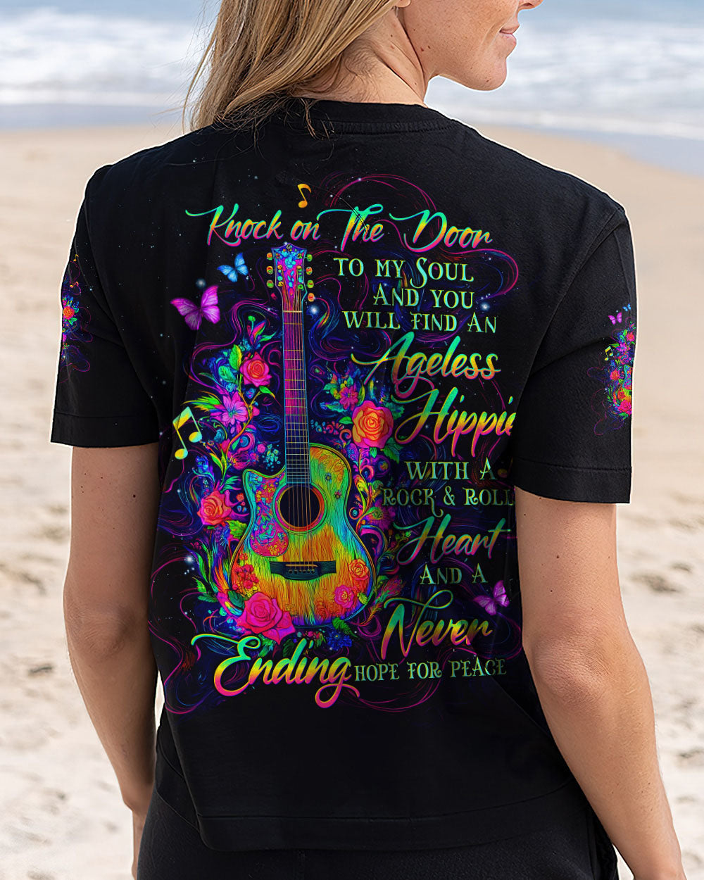 Ageless Hippie Rock and Roll Knock on the Door to My Soul Quote with Guitar AOP Shirts _5_ rpGMn