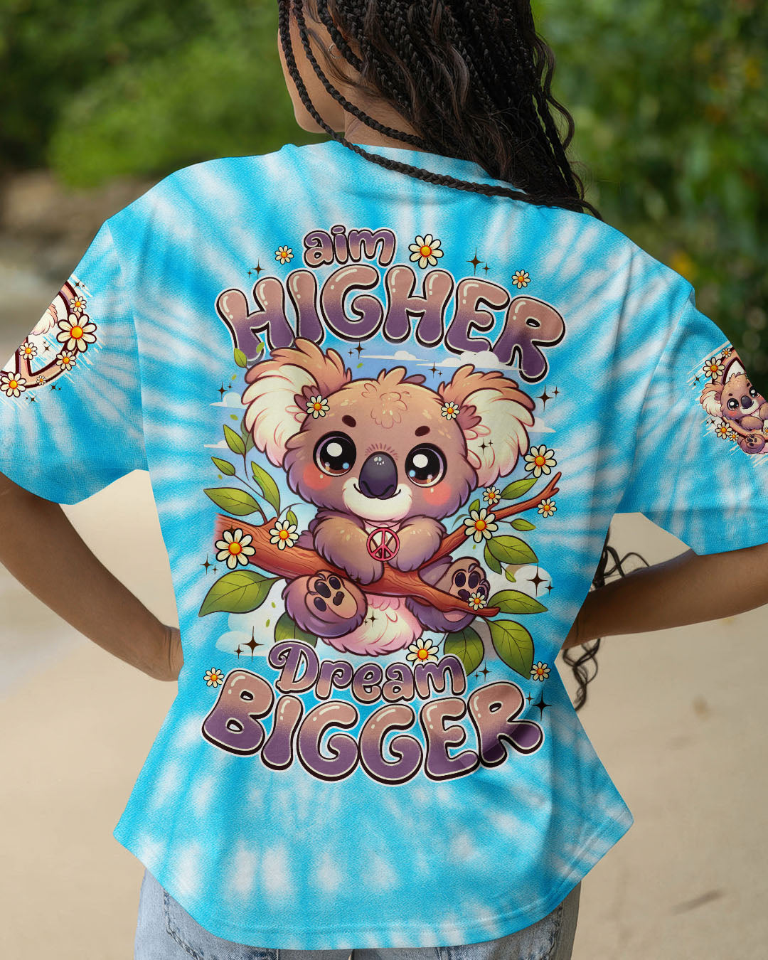 Aim Higher Dream Bigger Cute Koala Peaceful Tie Dye Hippie AOP Shirts _1_ Lwqsu