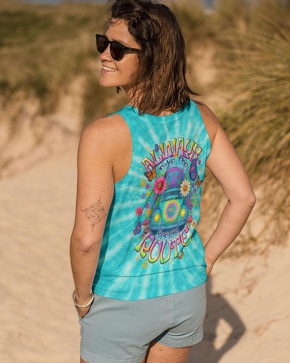 Always Take The Scenic Route Peace Flowers _26 VW Bus Design AOP Shirts _12_ 6Q5Vv