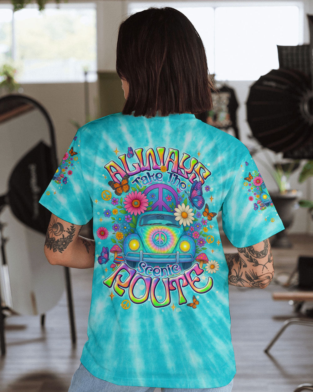 Always Take The Scenic Route Peace Flowers _26 VW Bus Design AOP Shirts _13_ DFsfU