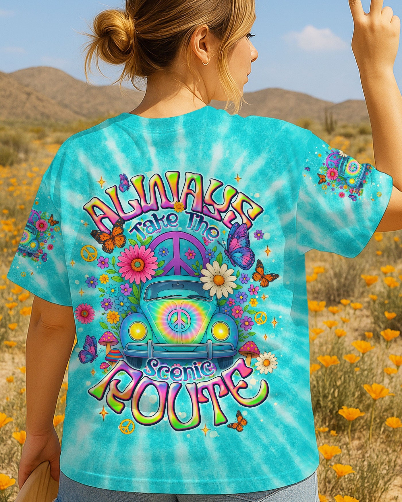 Always Take The Scenic Route Peace Flowers _26 VW Bus Design AOP Shirts _1_ UVUsW