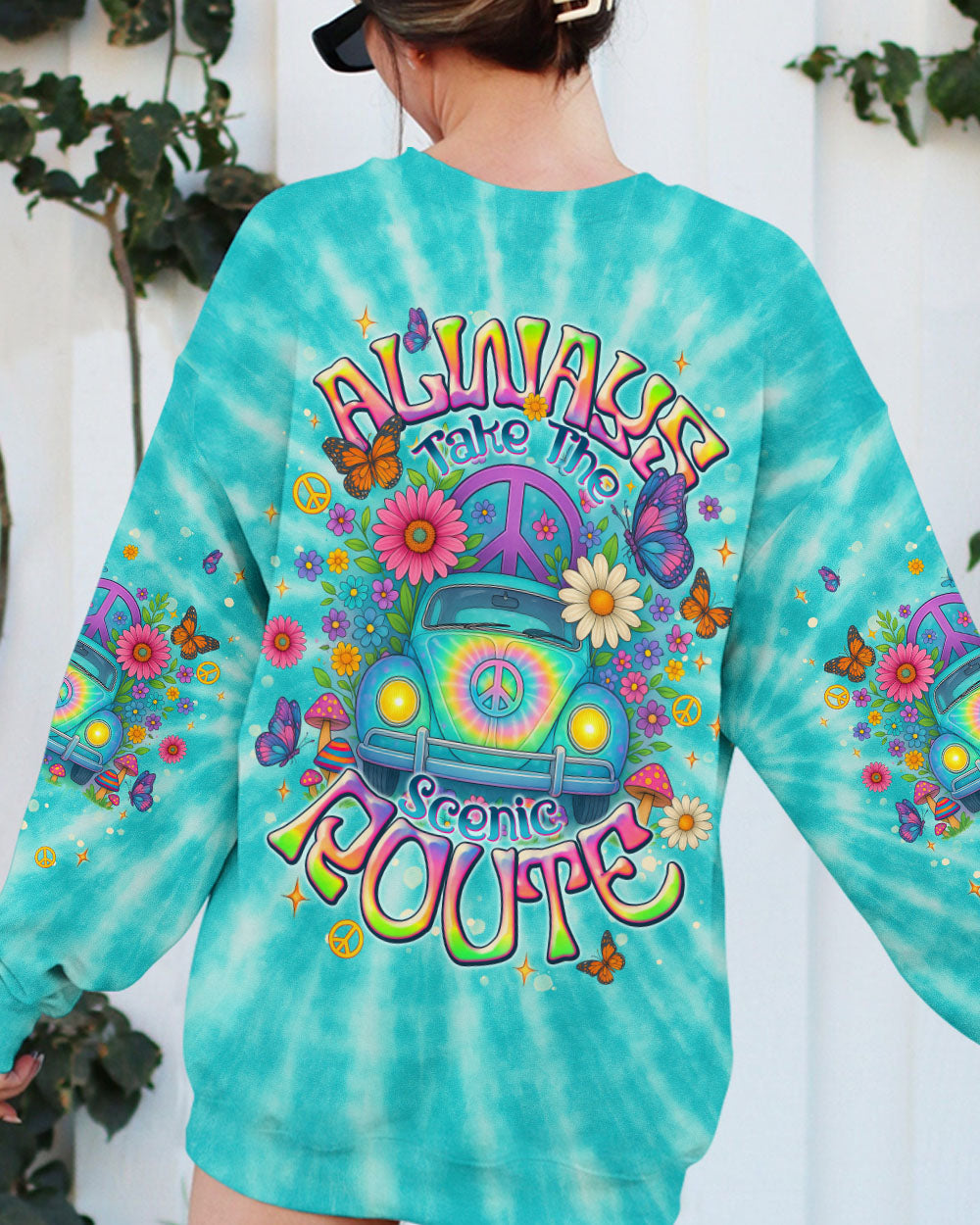 Always Take The Scenic Route Peace Flowers _26 VW Bus Design AOP Shirts _7_ v4QnG