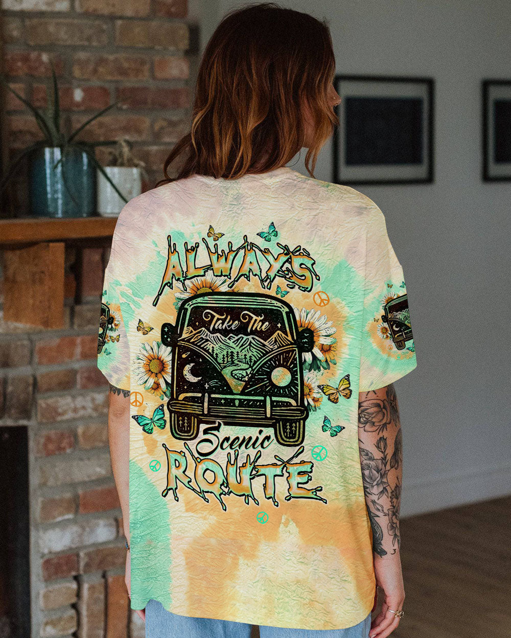 Always Take the Scenic Route Vintage Camper Van Tie Dye Hippie AOP Shirts _1_ sekIE