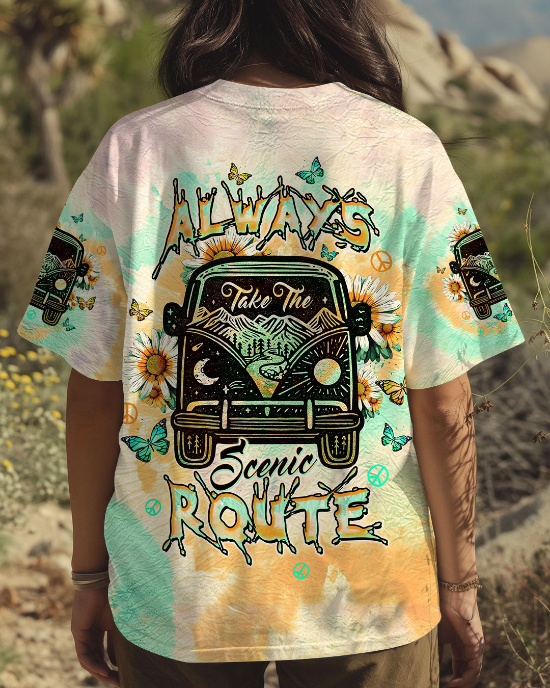 Always Take the Scenic Route Vintage Camper Van Tie Dye Hippie AOP Shirts _4_ 3x5DG
