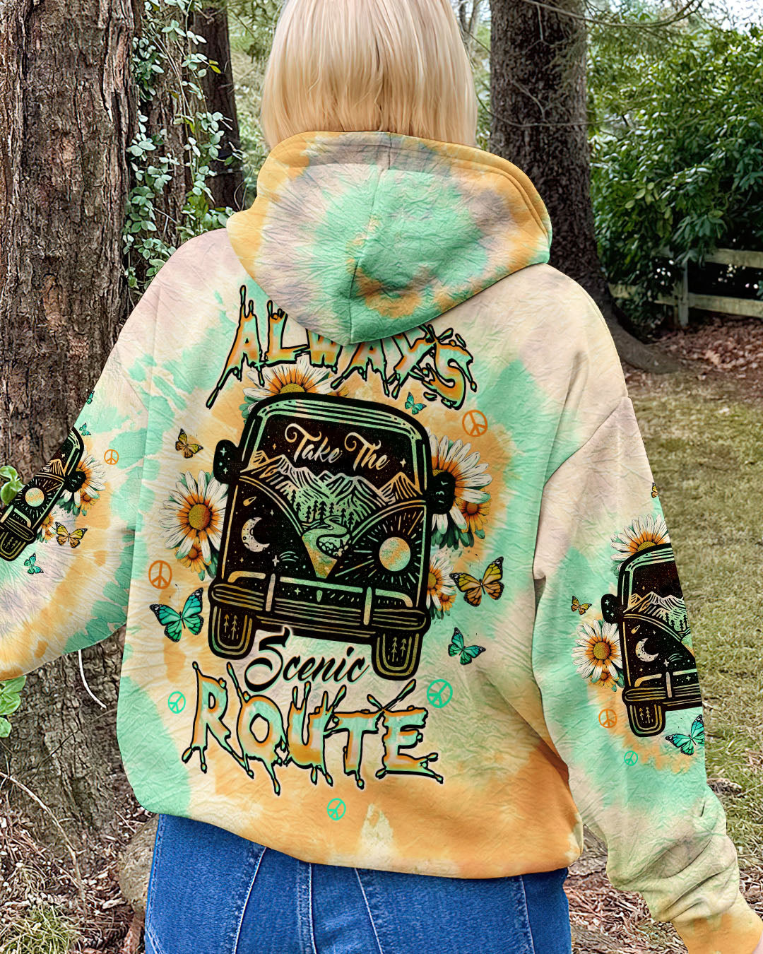 Always Take the Scenic Route Vintage Camper Van Tie Dye Hippie AOP Shirts _8_ Y61tN