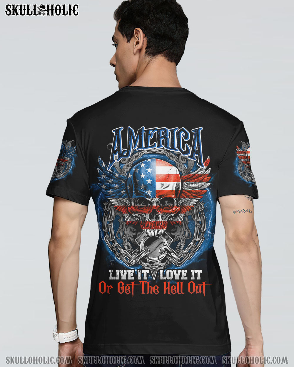 America Live It Love It or Get the Hell Out Patriotic Skull America Love Graphic Tee AOP Shir _13_ ZfwHc