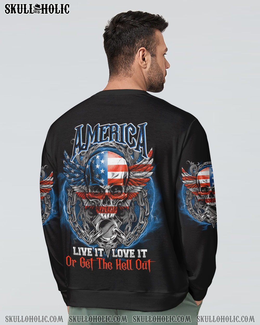 America Live It Love It or Get the Hell Out Patriotic Skull America Love Graphic Tee AOP Shir _5_ 8hx2u
