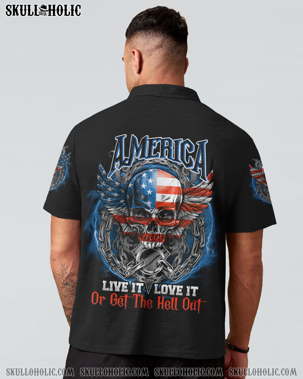 America Live It Love It or Get the Hell Out Patriotic Skull America Love Graphic Tee AOP Shir _9_ 9atRo