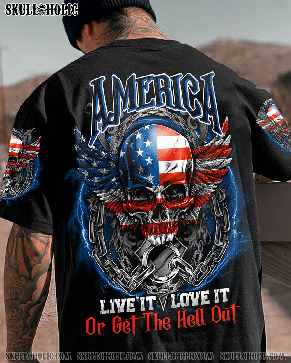 America Live It Love It or Get the Hell Out Patriotic Skull America Love Graphic Tee AOP Shirts _1_ wfH3t