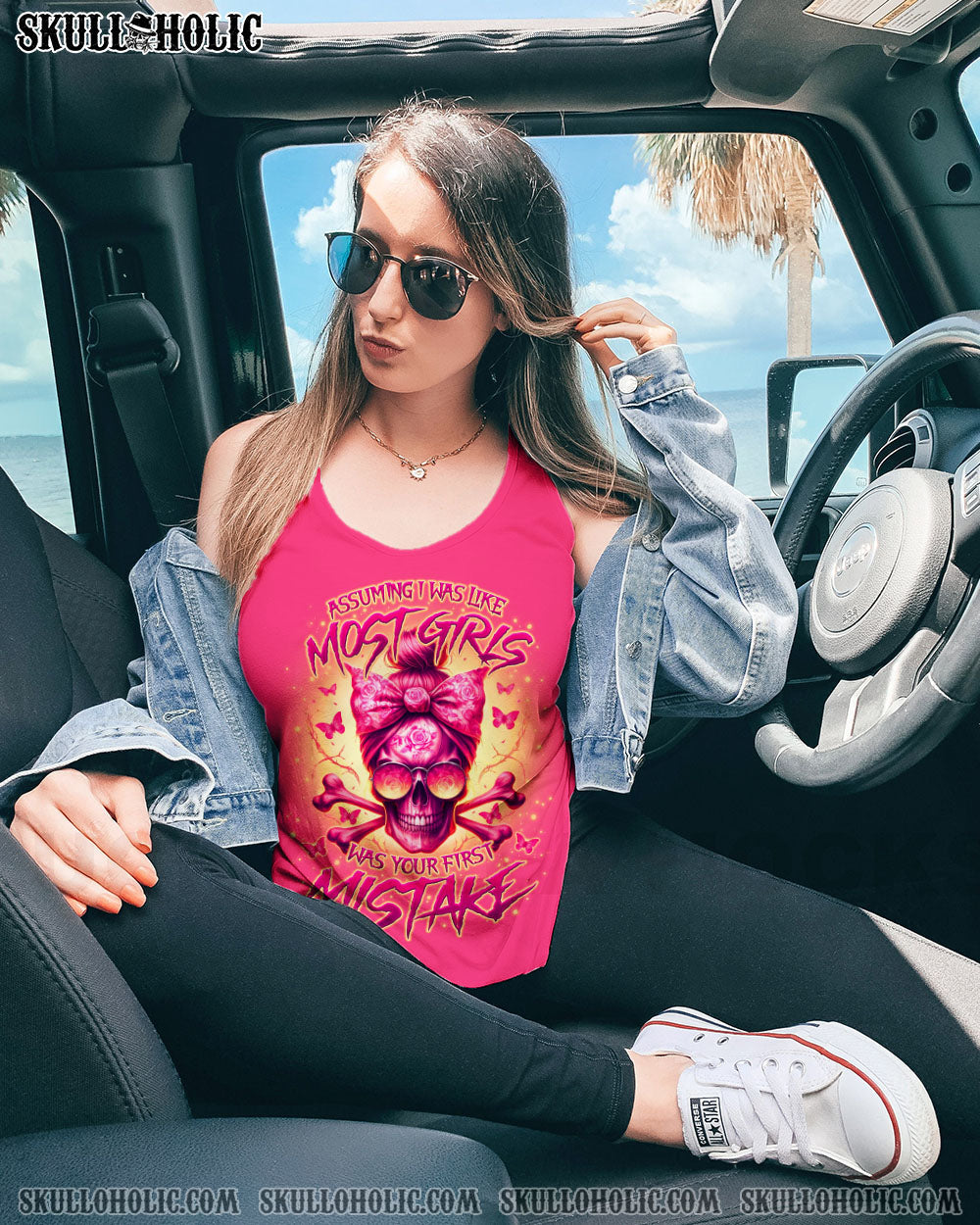 Assuming I Was Like Most Girls was Your Frist Mistake Pink Skull and Bow Graphic AOP Shirts _11_ 4l8z5
