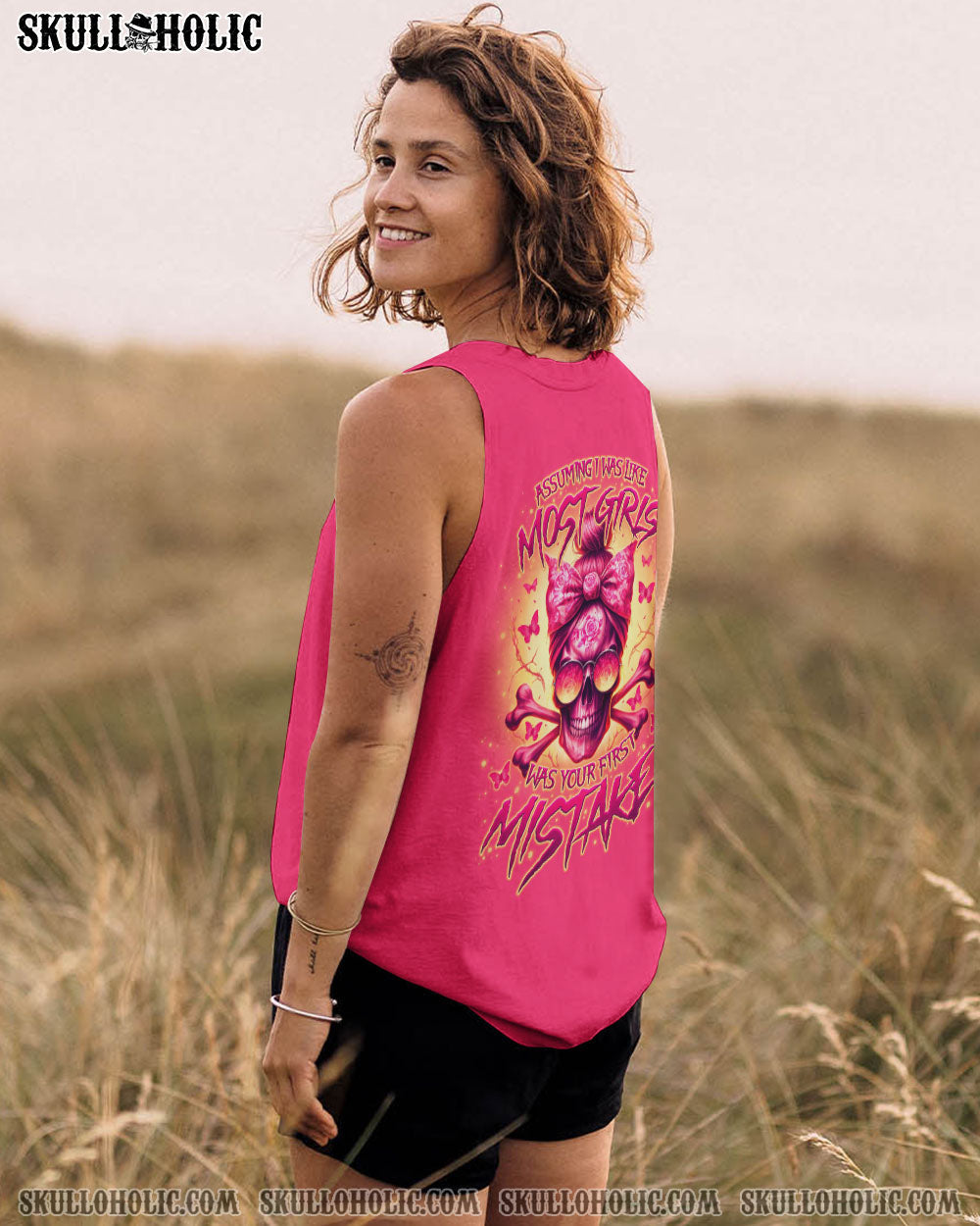 Assuming I Was Like Most Girls was Your Frist Mistake Pink Skull and Bow Graphic AOP Shirts _13_ Oy7L2