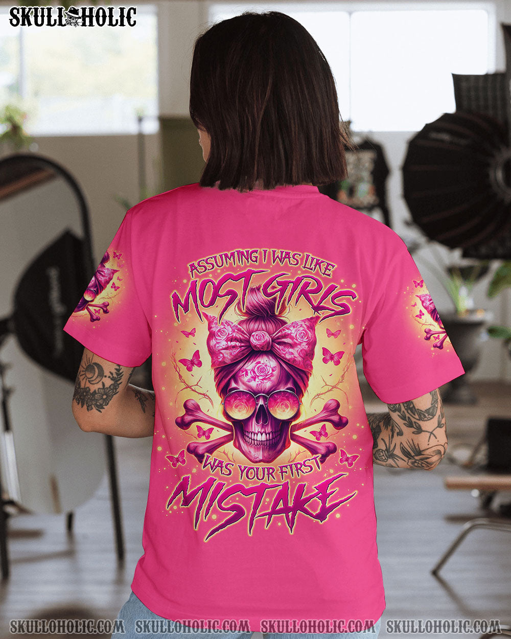 Assuming I Was Like Most Girls was Your Frist Mistake Pink Skull and Bow Graphic AOP Shirts _1_ LjESN