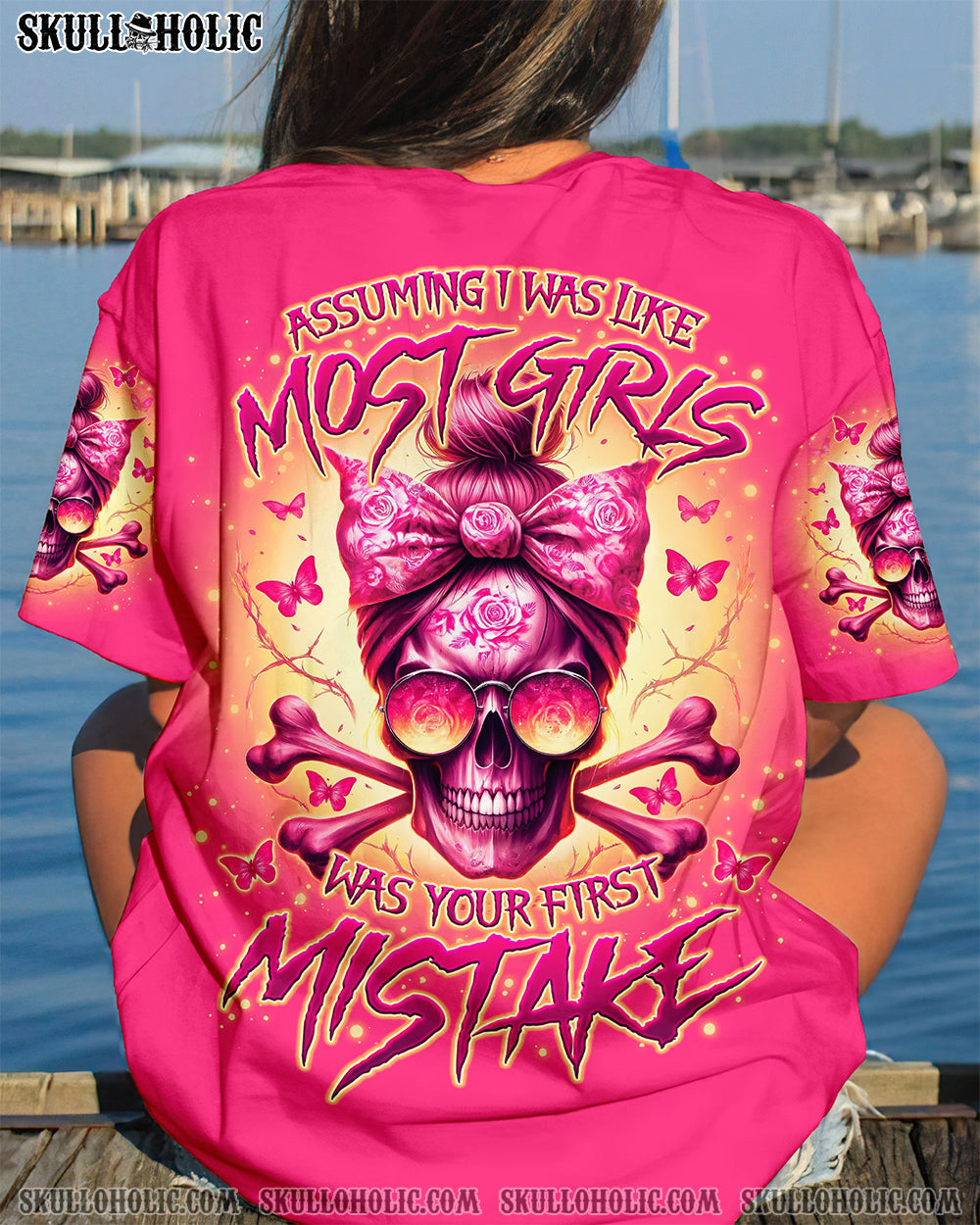 Assuming I Was Like Most Girls was Your Frist Mistake Pink Skull and Bow Graphic AOP Shirts _3_ qOjdd