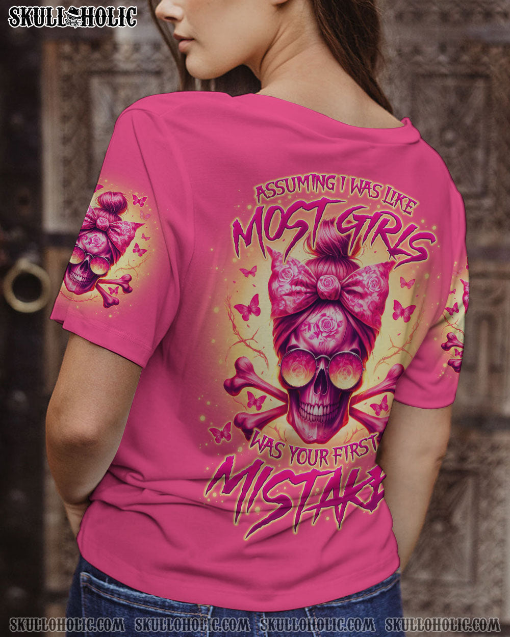 Assuming I Was Like Most Girls was Your Frist Mistake Pink Skull and Bow Graphic AOP Shirts _5_ e2jbZ
