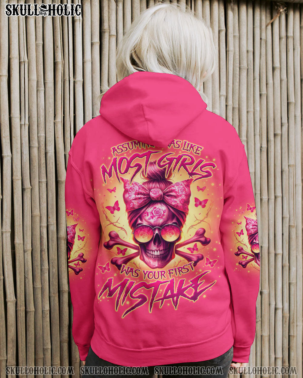 Assuming I Was Like Most Girls was Your Frist Mistake Pink Skull and Bow Graphic AOP Shirts _7_ DesgL