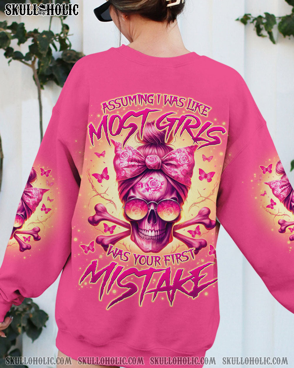 Assuming I Was Like Most Girls was Your Frist Mistake Pink Skull and Bow Graphic AOP Shirts _9_ ItMNu