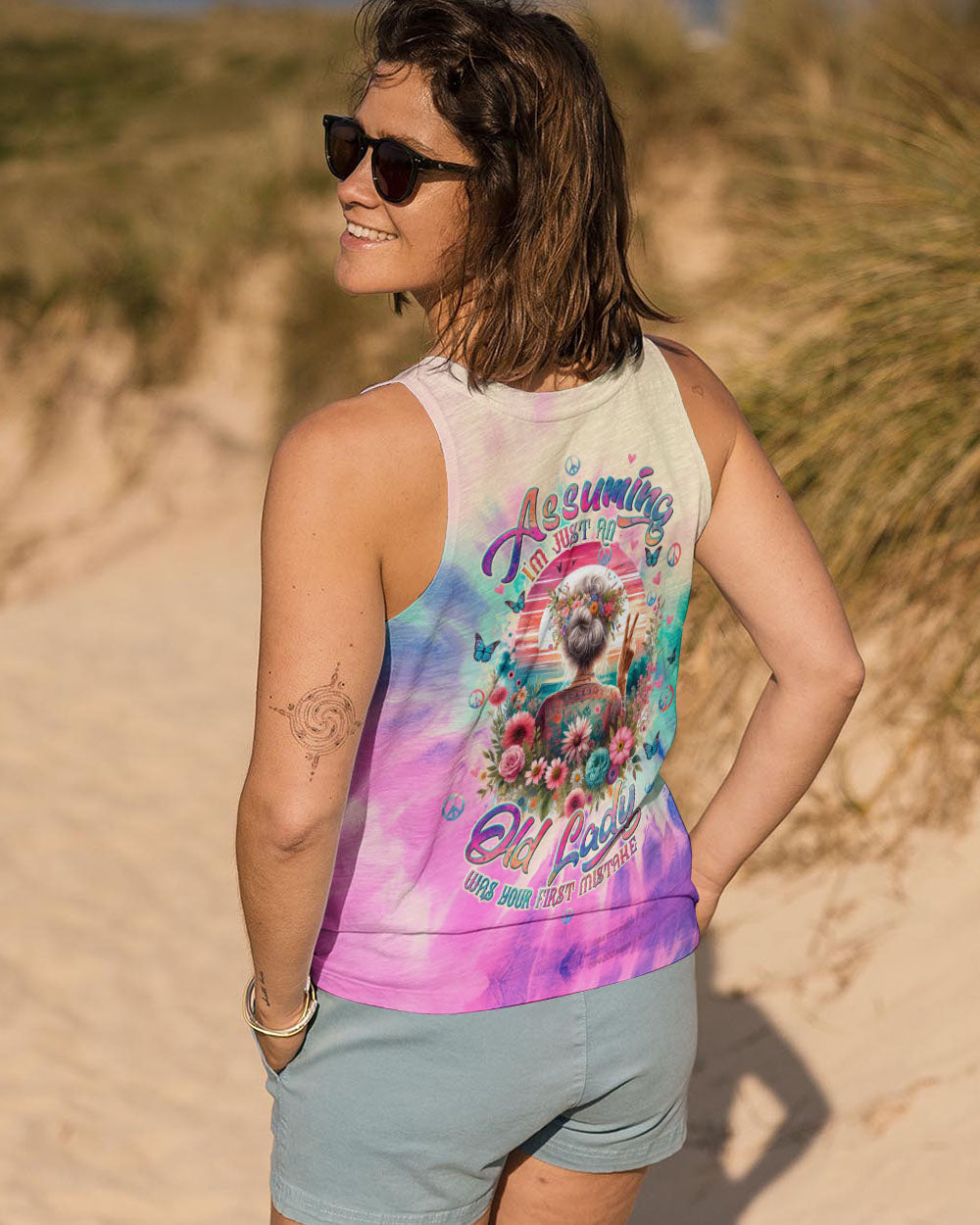 Assuming Im Just an Old Lady Was Your First Mistake Funny Peace Sign Tie Dye Graphic AOP Shirts _13_ kFcIr