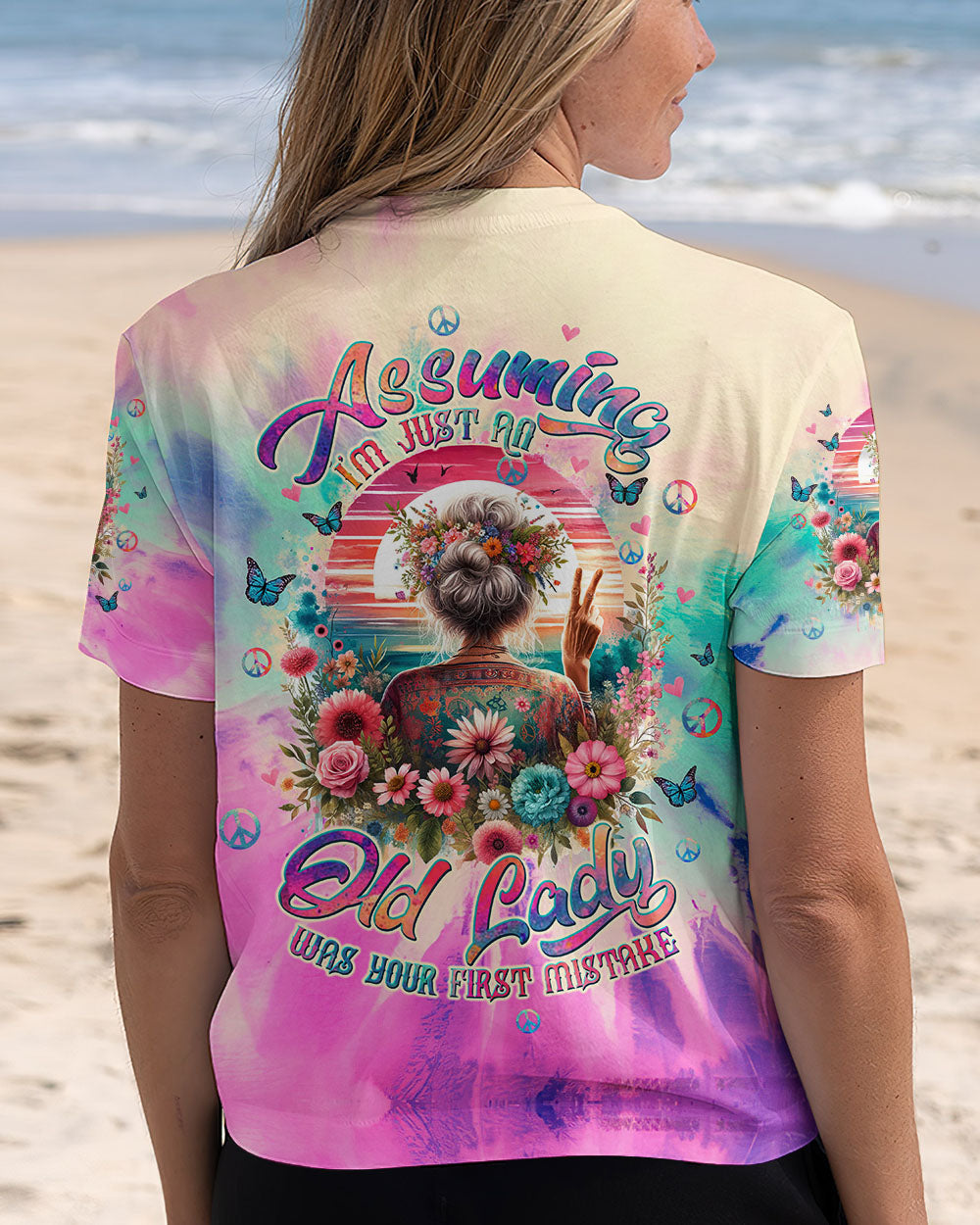 Assuming Im Just an Old Lady Was Your First Mistake Funny Peace Sign Tie Dye Graphic AOP Shirts _5_ b9hXP