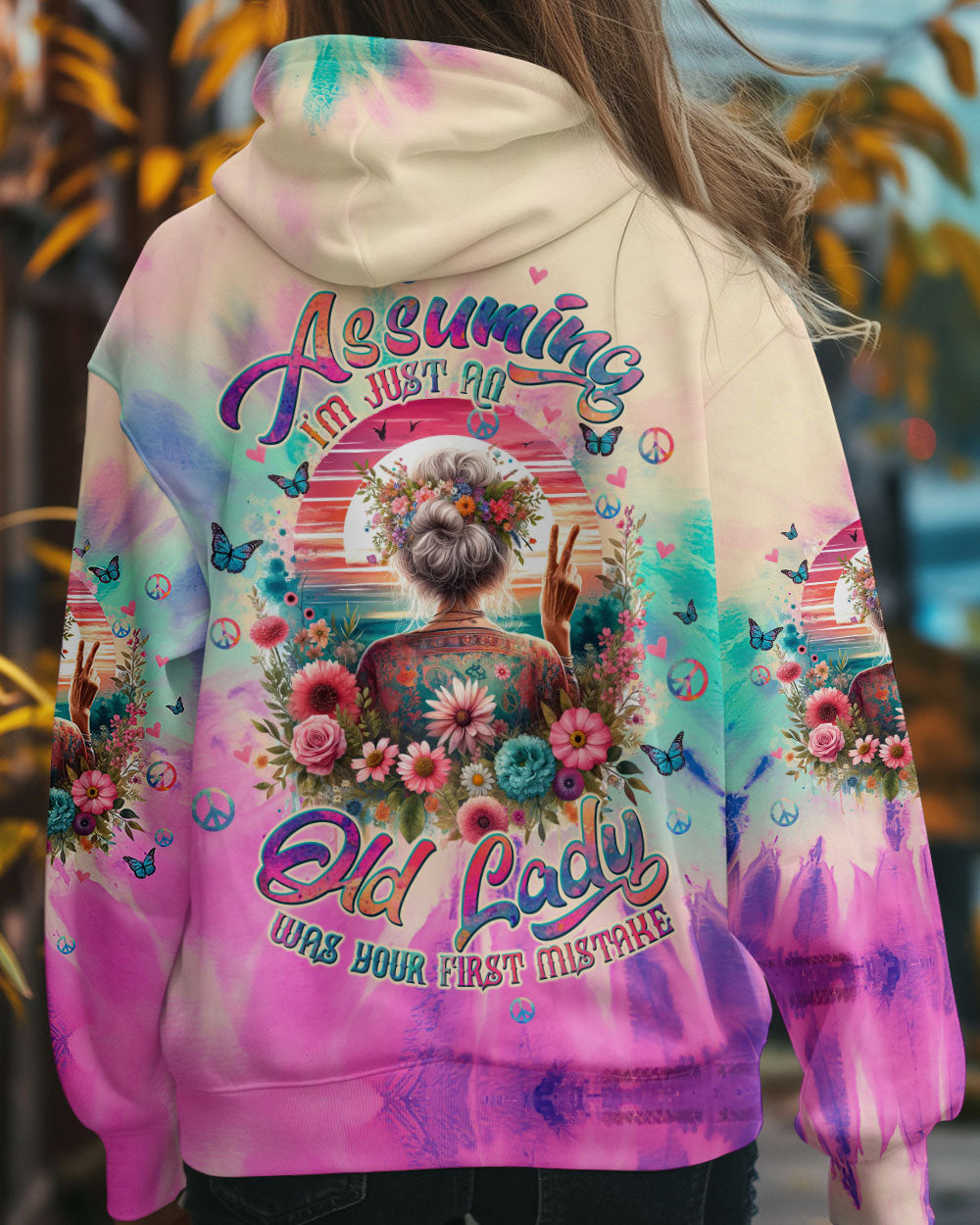 Assuming Im Just an Old Lady Was Your First Mistake Funny Peace Sign Tie Dye Graphic AOP Shirts _7_ I0sj3