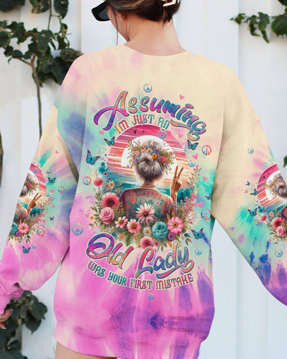 Assuming Im Just an Old Lady Was Your First Mistake Funny Peace Sign Tie Dye Graphic AOP Shirts _9_ PNRDB