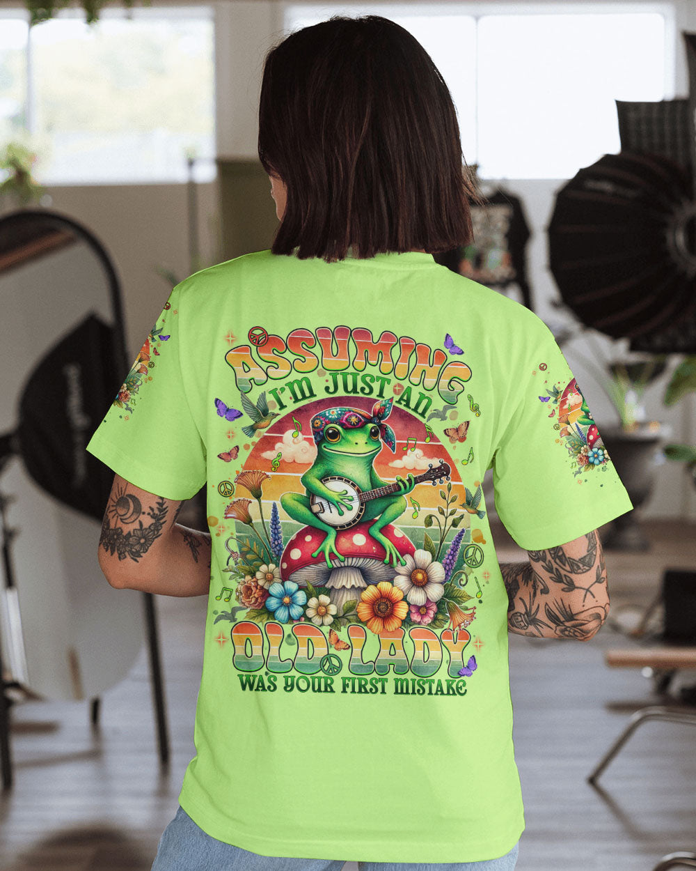 Assuming Im Just an Old Lady Was Your First Mistake Hippie Frog with Guitar AOP Shirts _1_ wuJR9