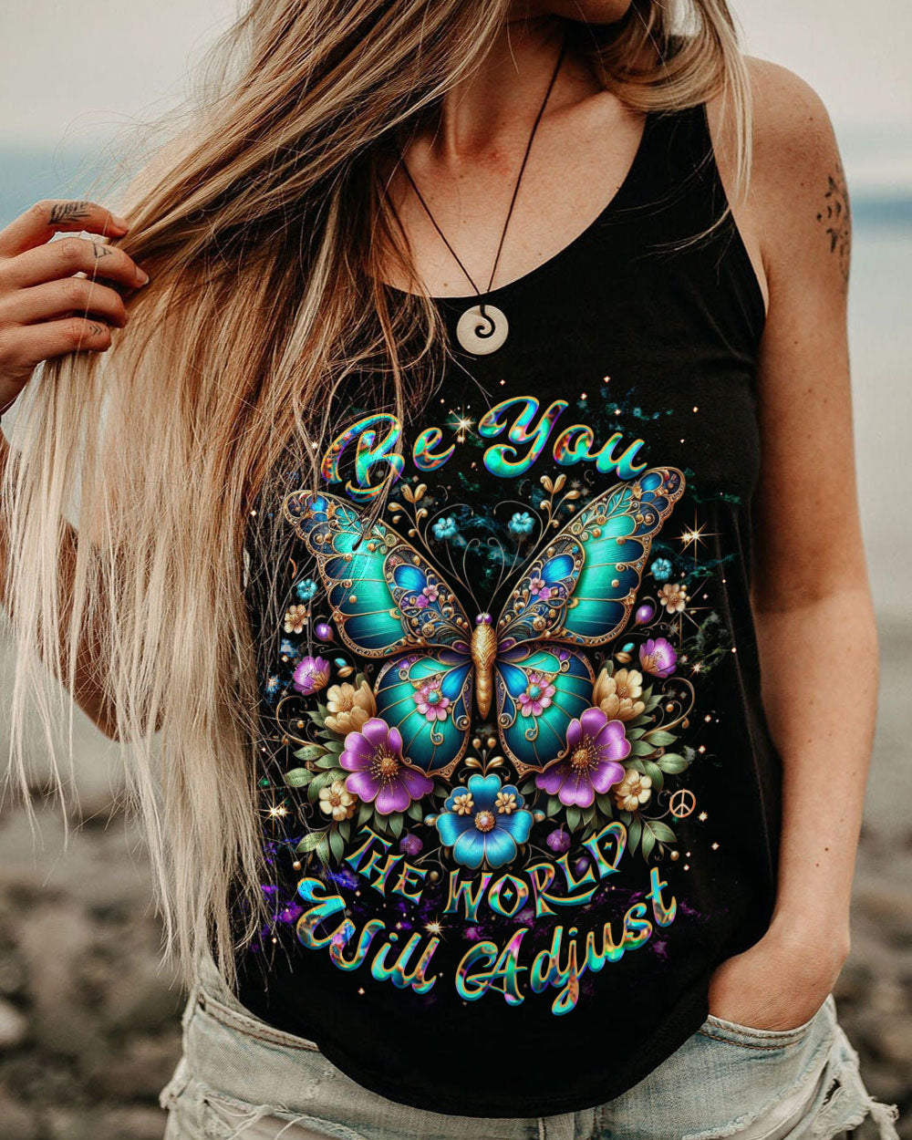BE YOU THE WORLD WILL ADJUST BUTTERFLY ALL OVER PRINT YHDU3103252_Tanks_Racerback Tank_S 1 YQQWY