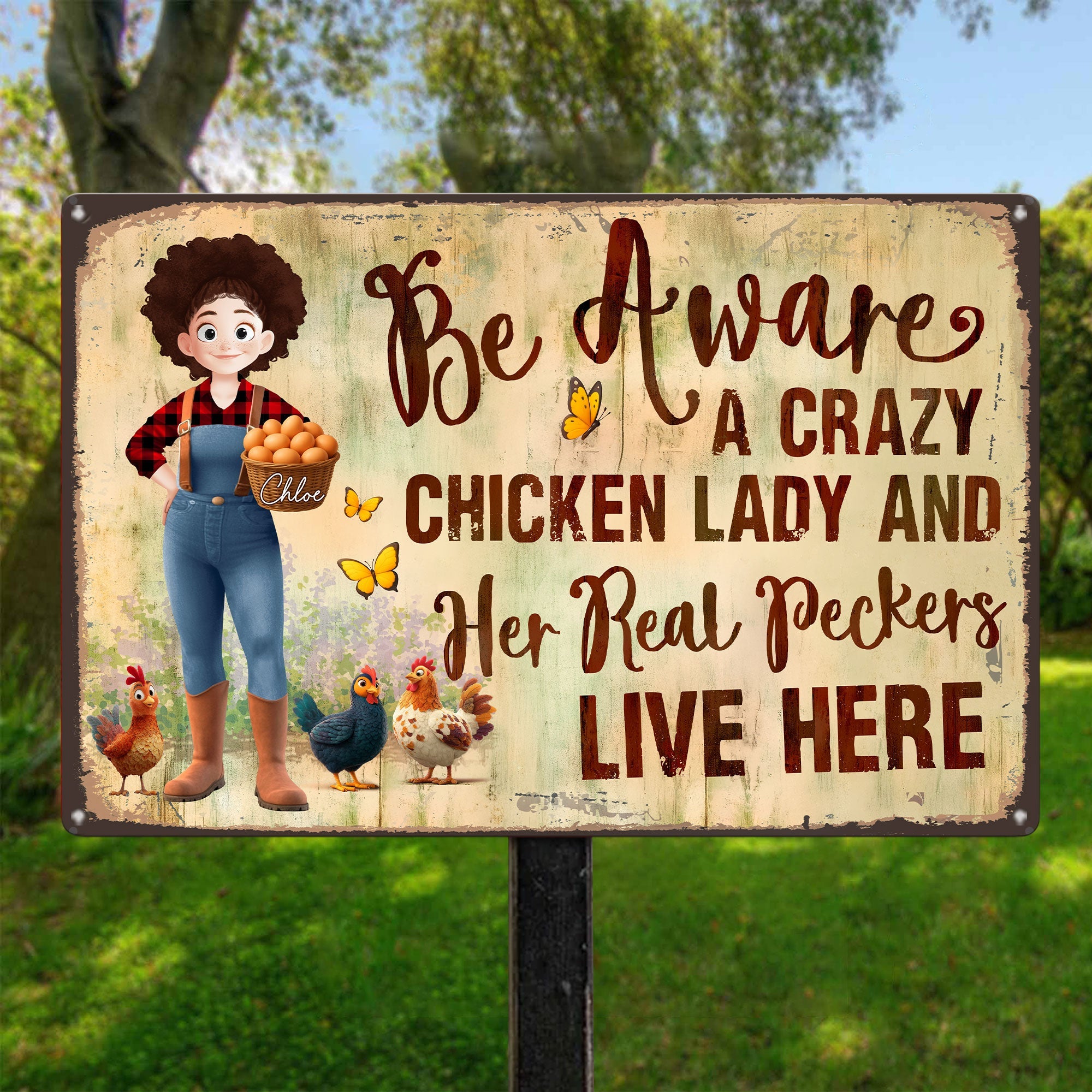 Be Aware A Crazy Chicken Lady And Her Peckers Live Here Personalized Metal Sign_1
