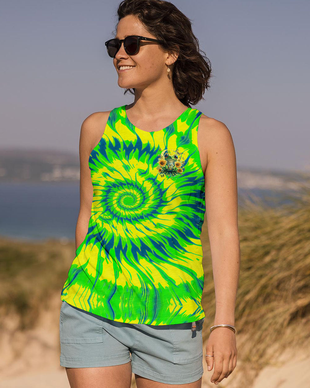 Be Happy Frog Tie Dye Hippie Graphic with Sunflowers AOP Shirts _11_ OWc9t