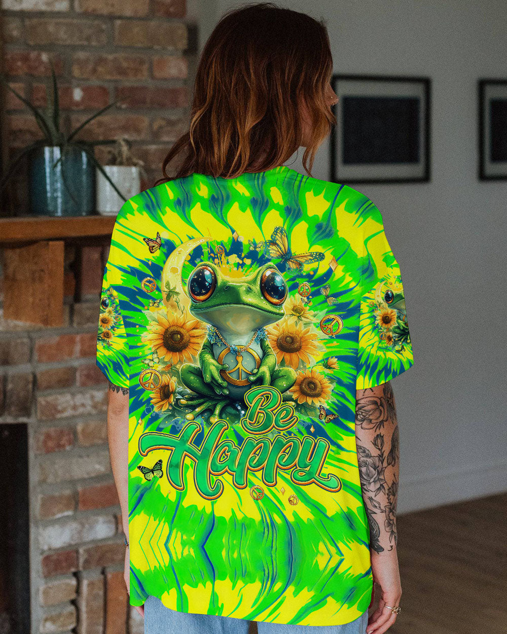 Be Happy Frog Tie Dye Hippie Graphic with Sunflowers AOP Shirts _1_ 6Bdfg