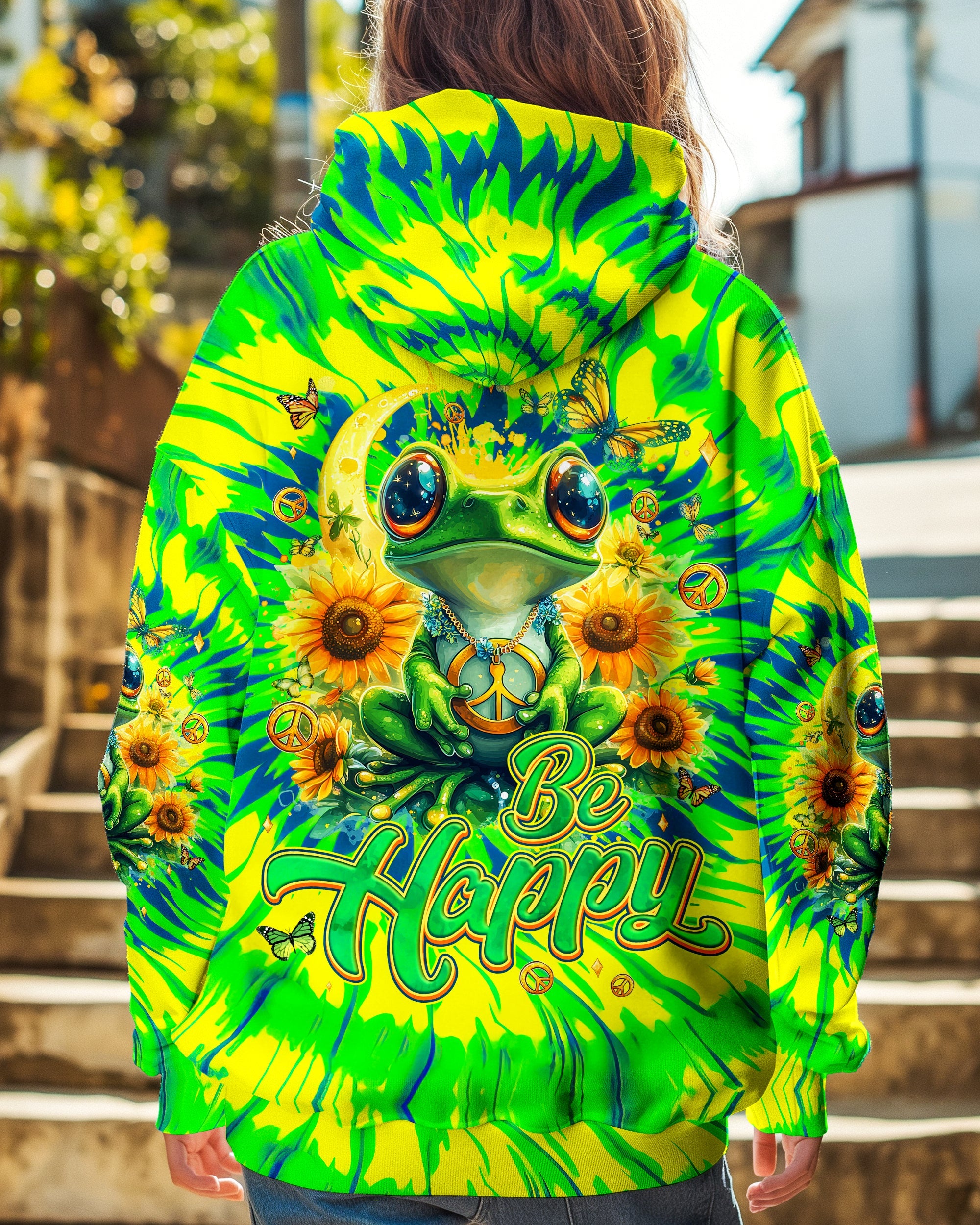 Be Happy Frog Tie Dye Hippie Graphic with Sunflowers AOP Shirts _5_ masZ3