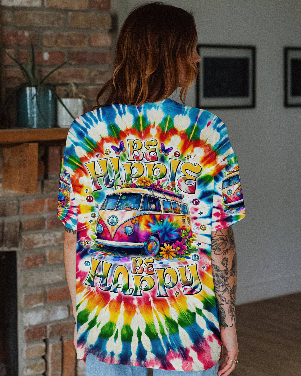 Be Hippie Be Happy Tie Dye Peace Van Colorful Groovy Retro Graphic AOP Shirts _10_ ex26H