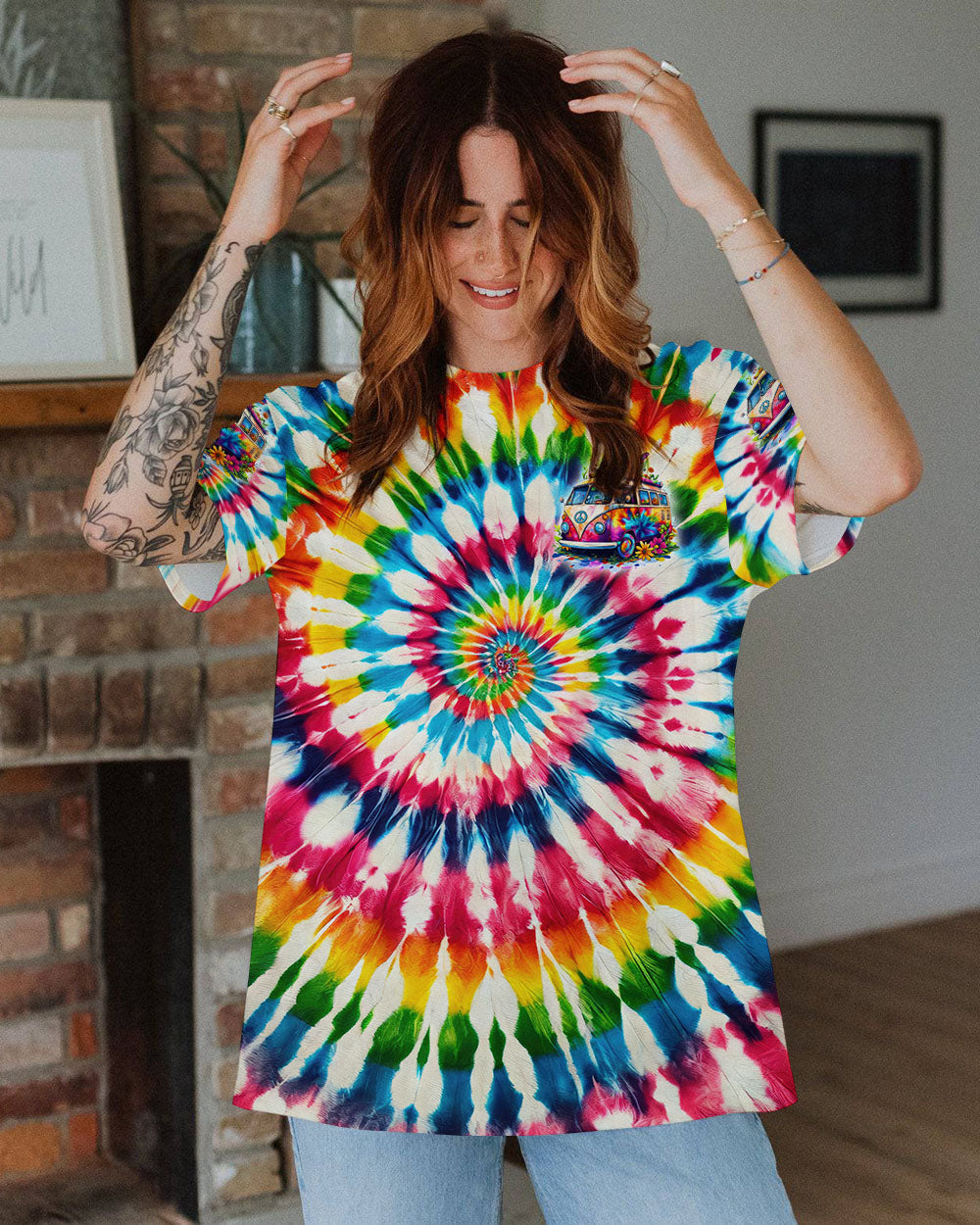 Be Hippie Be Happy Tie Dye Peace Van Colorful Groovy Retro Graphic AOP Shirts _11_ yCzrP