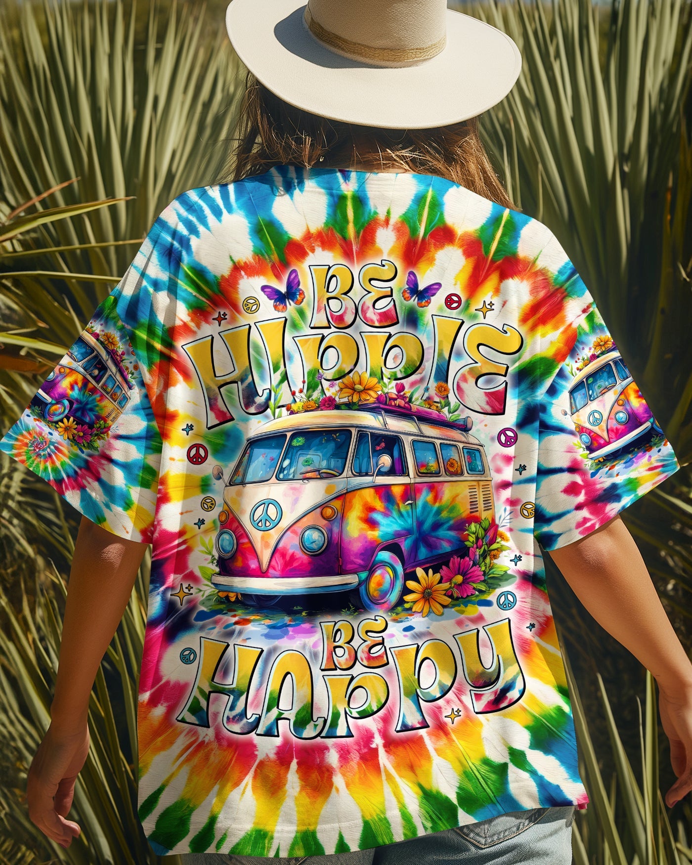 Be Hippie Be Happy Tie Dye Peace Van Colorful Groovy Retro Graphic AOP Shirts _12_ RN8i9