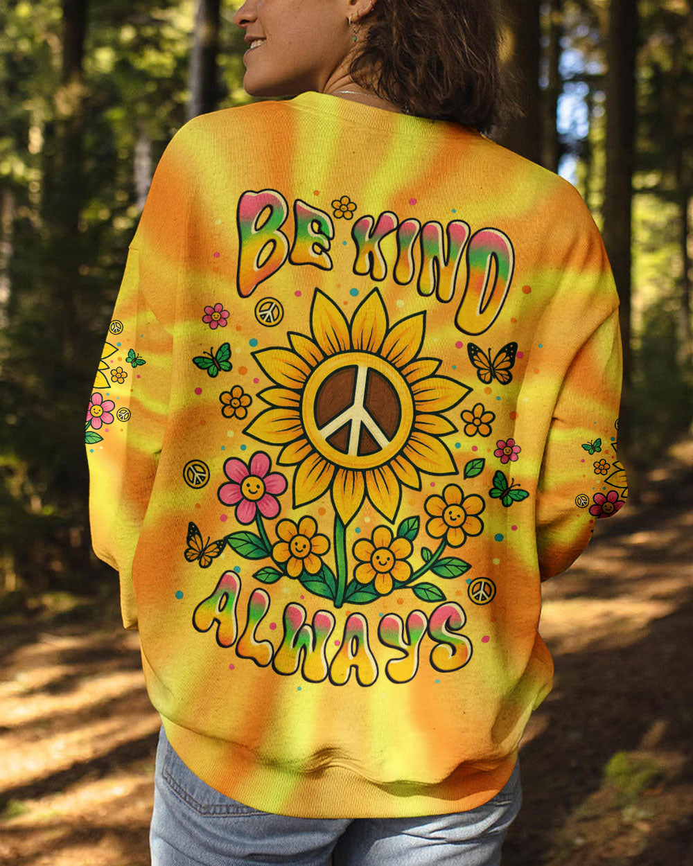 Be Kind Always Peaceful Sunflower Hippie Positive Message with Tie Dye Design AOP Shirts _3_ J43CR