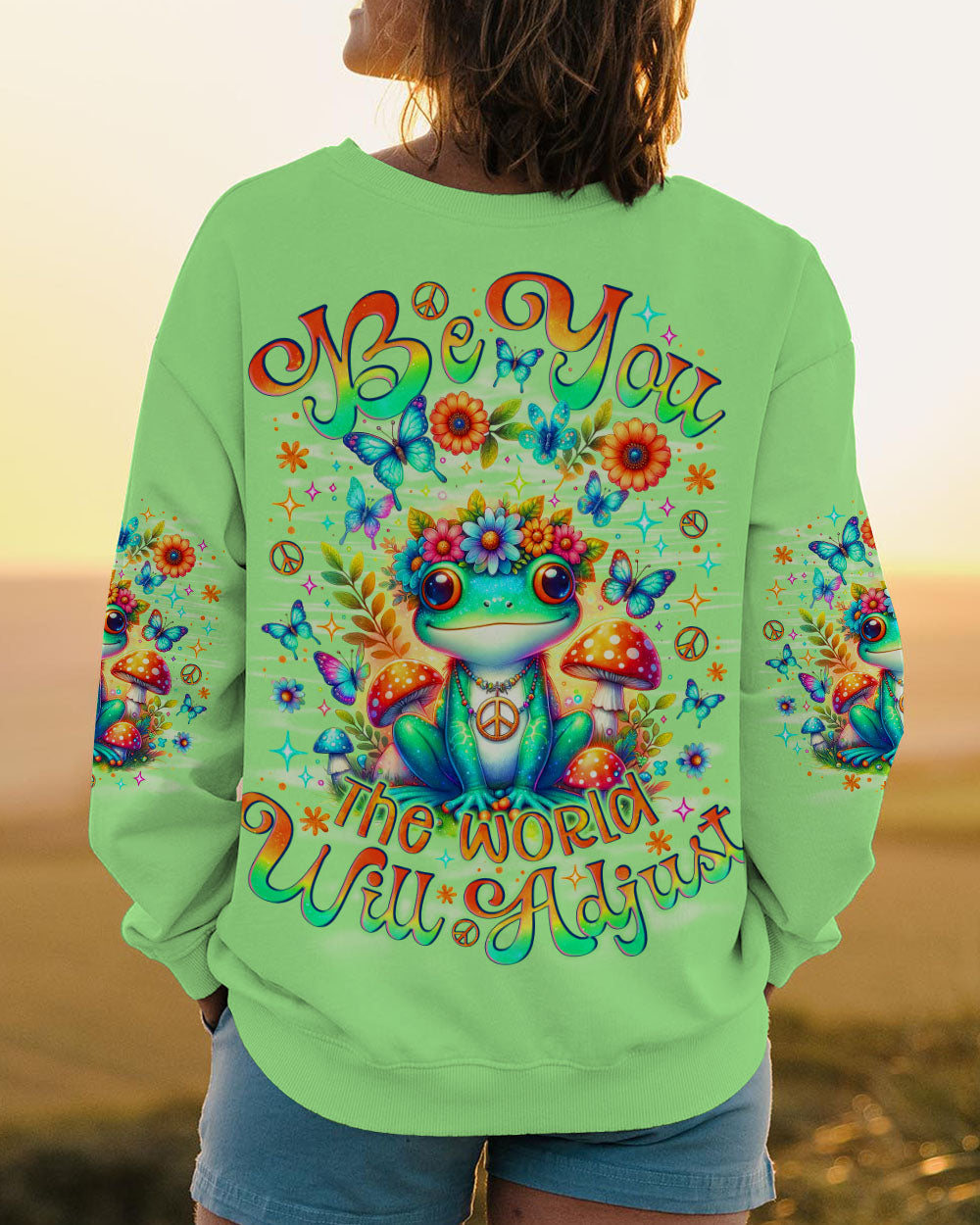 Be You The World Will Adjust Colorful Green Frog Hippie Graphic AOP Shirts _10_ rwiIw