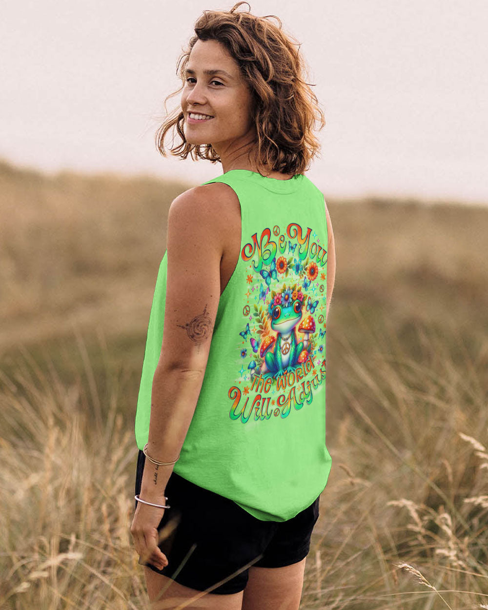 Be You The World Will Adjust Colorful Green Frog Hippie Graphic AOP Shirts _14_ cmGZI