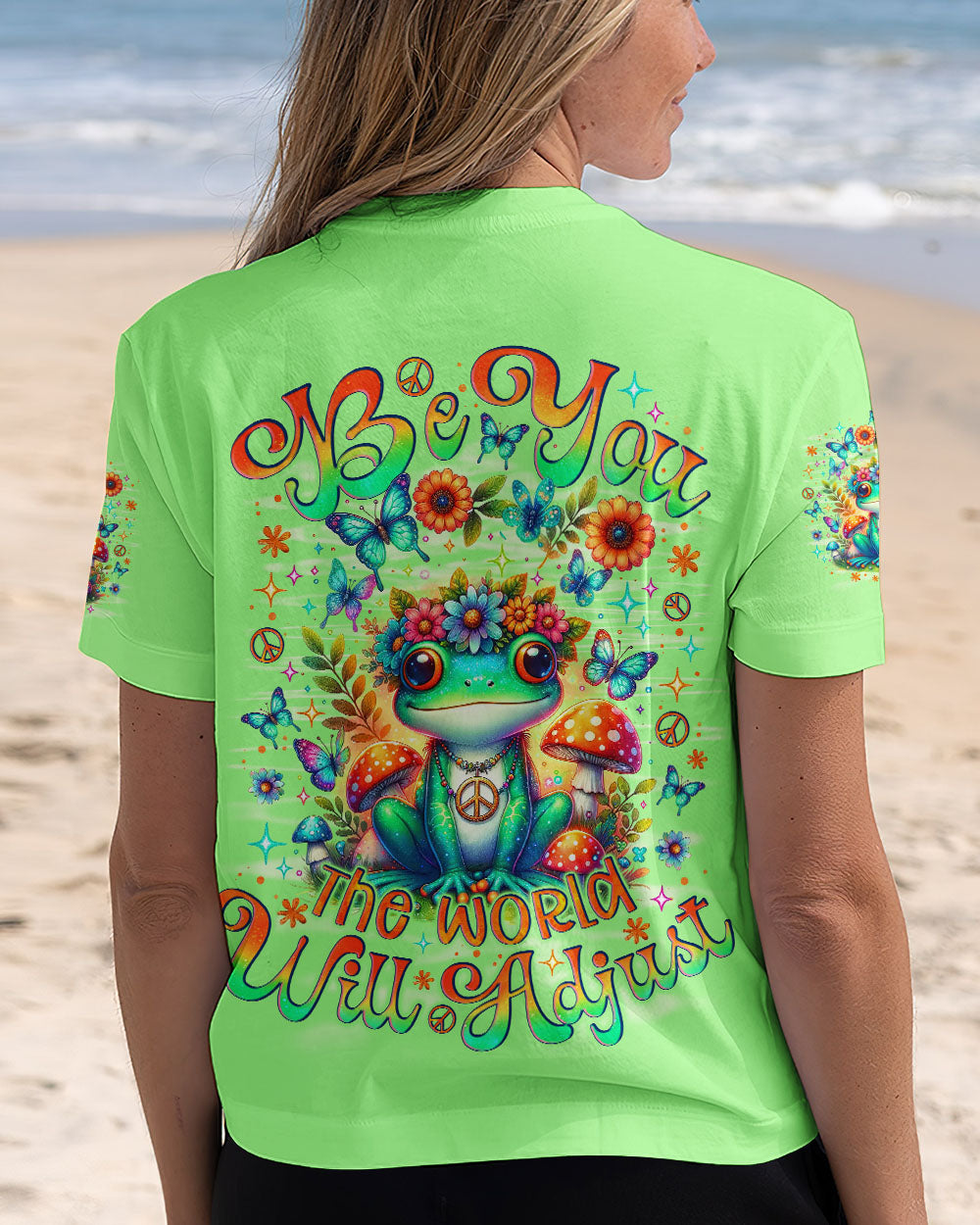 Be You The World Will Adjust Colorful Green Frog Hippie Graphic AOP Shirts _6_ VYMKr