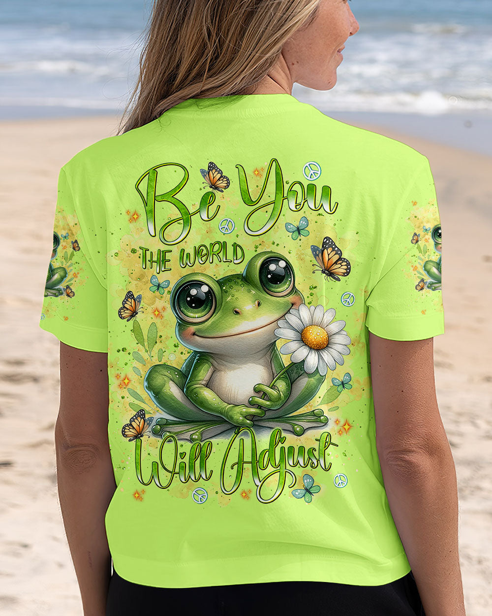Be You The World Will Adjust Cute Frog and Daisy Green Hippie AOP Shirts _12_ AhwnF