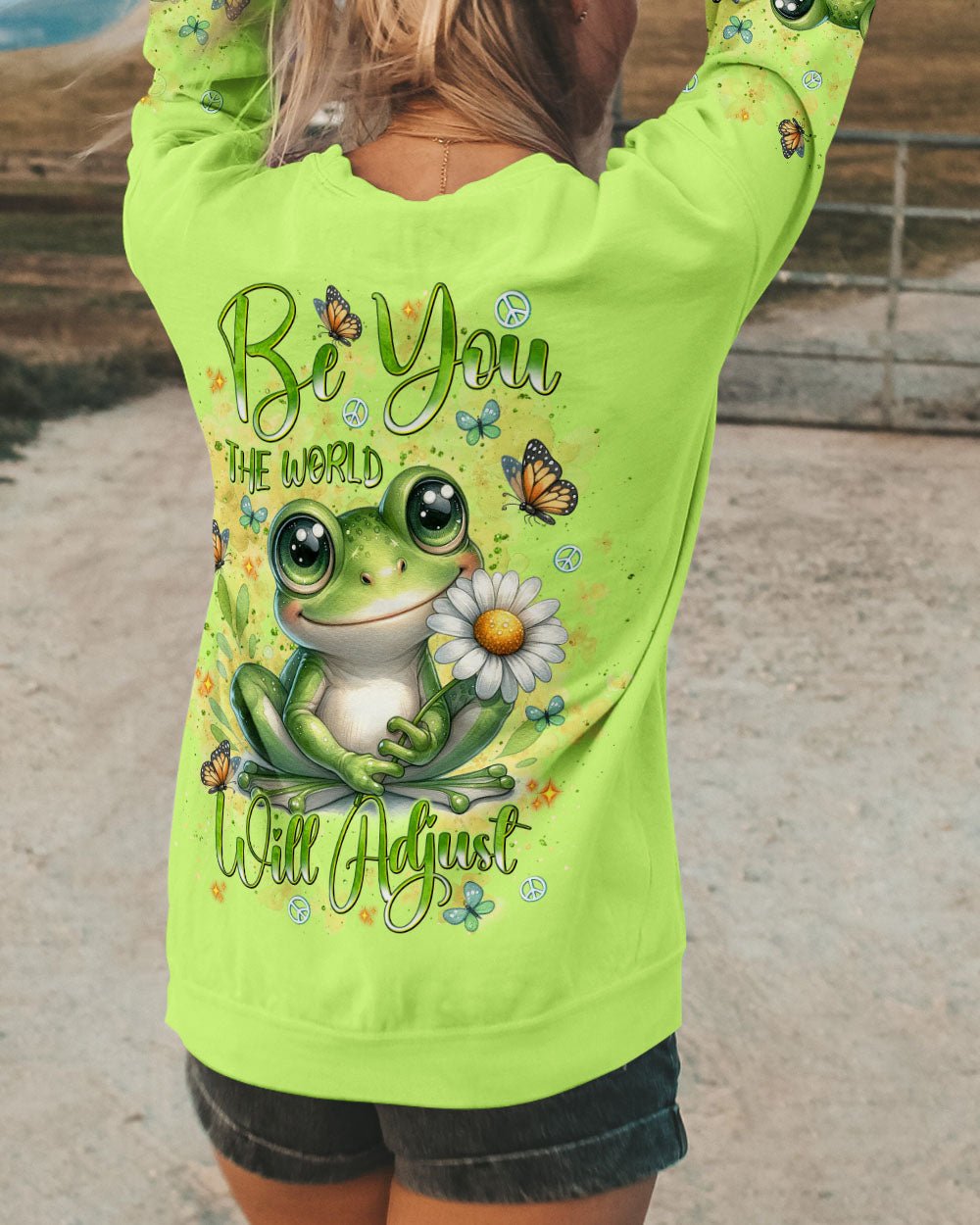 Be You The World Will Adjust Cute Frog and Daisy Green Hippie AOP Shirts _3_ B4Sz6
