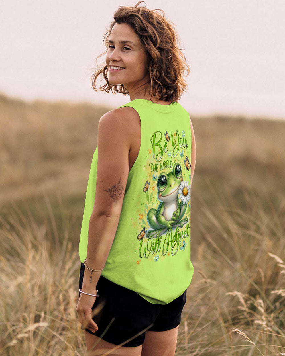 Be You The World Will Adjust Cute Frog and Daisy Green Hippie AOP Shirts _7_ 0cdYI