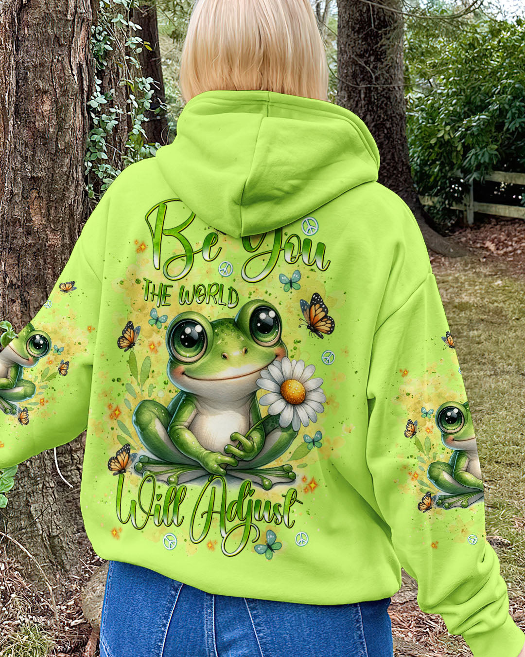 Be You The World Will Adjust Cute Frog and Daisy Green Hippie AOP Shirts _8_ d6Mtq