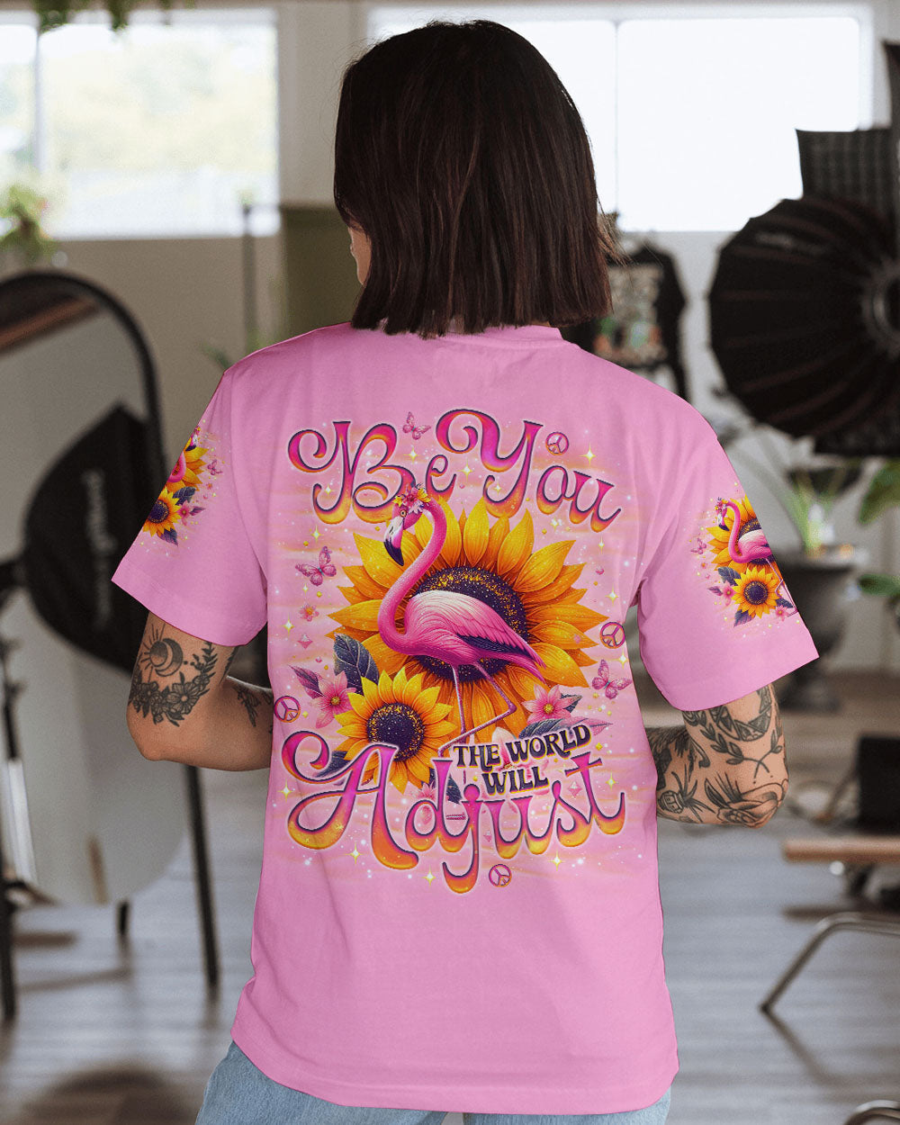 Be You The World Will Adjust Flamingo and Sunflowers Pink Graphic AOP Shirts _10_ oUZYd