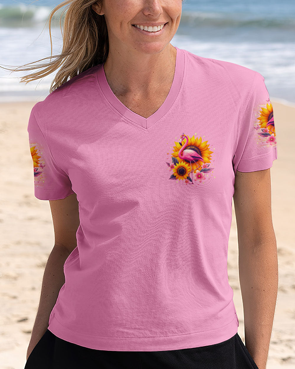 Be You The World Will Adjust Flamingo and Sunflowers Pink Graphic AOP Shirts _11_ 9GMNu