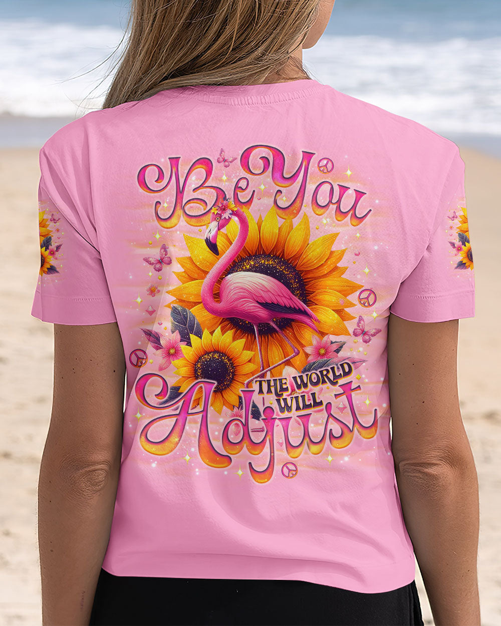 Be You The World Will Adjust Flamingo and Sunflowers Pink Graphic AOP Shirts _12_ Gx8LA