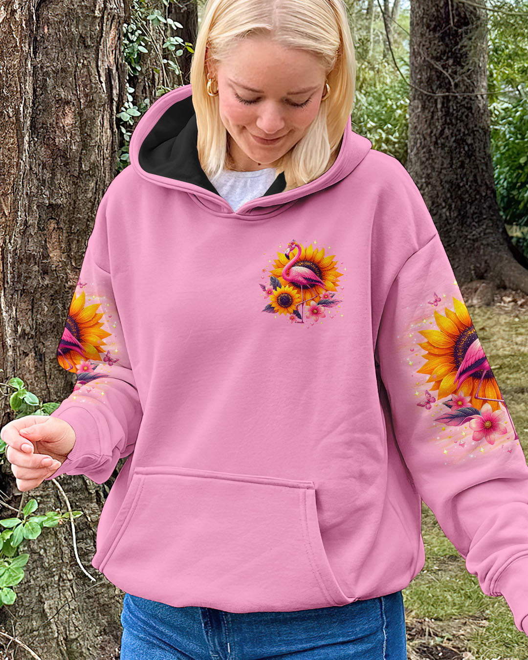 Be You The World Will Adjust Flamingo and Sunflowers Pink Graphic AOP Shirts _13_ Xnpmt